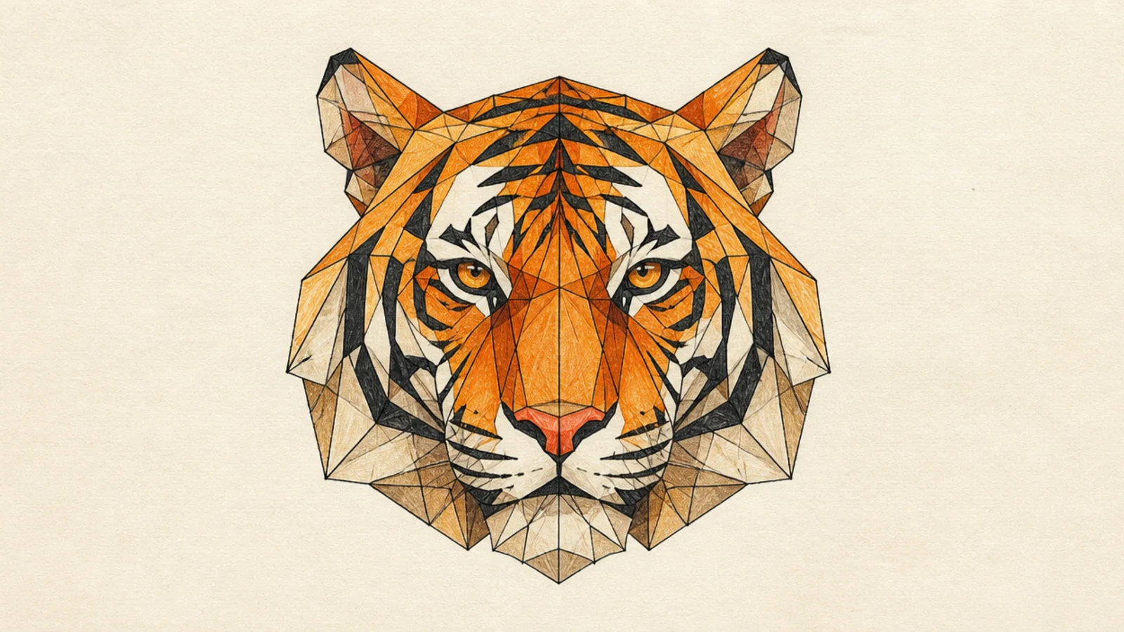 A tiger head built from faceted geometric triangles