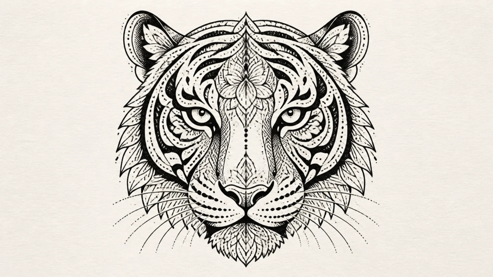 A symmetrical tiger face filled with mandala-style patterns