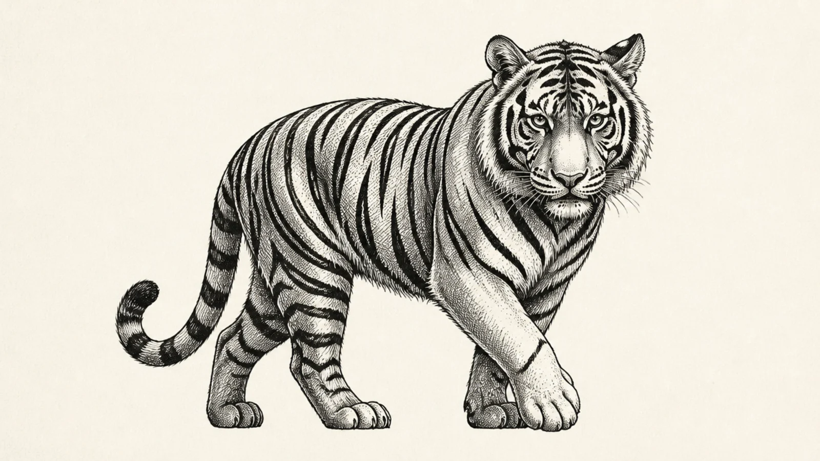 A tiger rendered in dense ink hatching and stippling