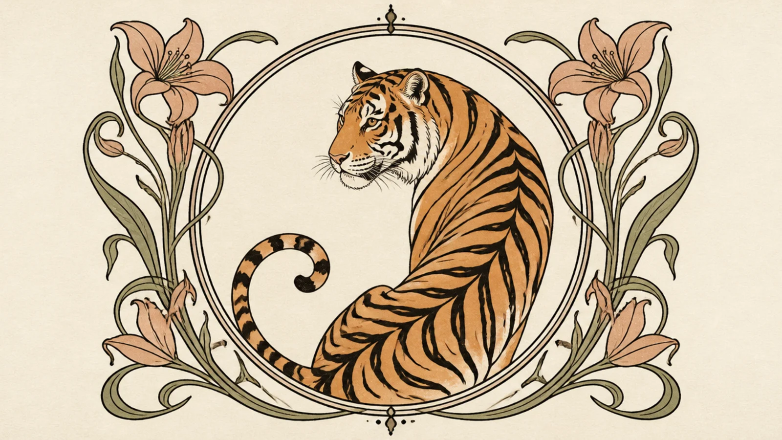 A tiger framed by flowing Art Nouveau vines and a circle border