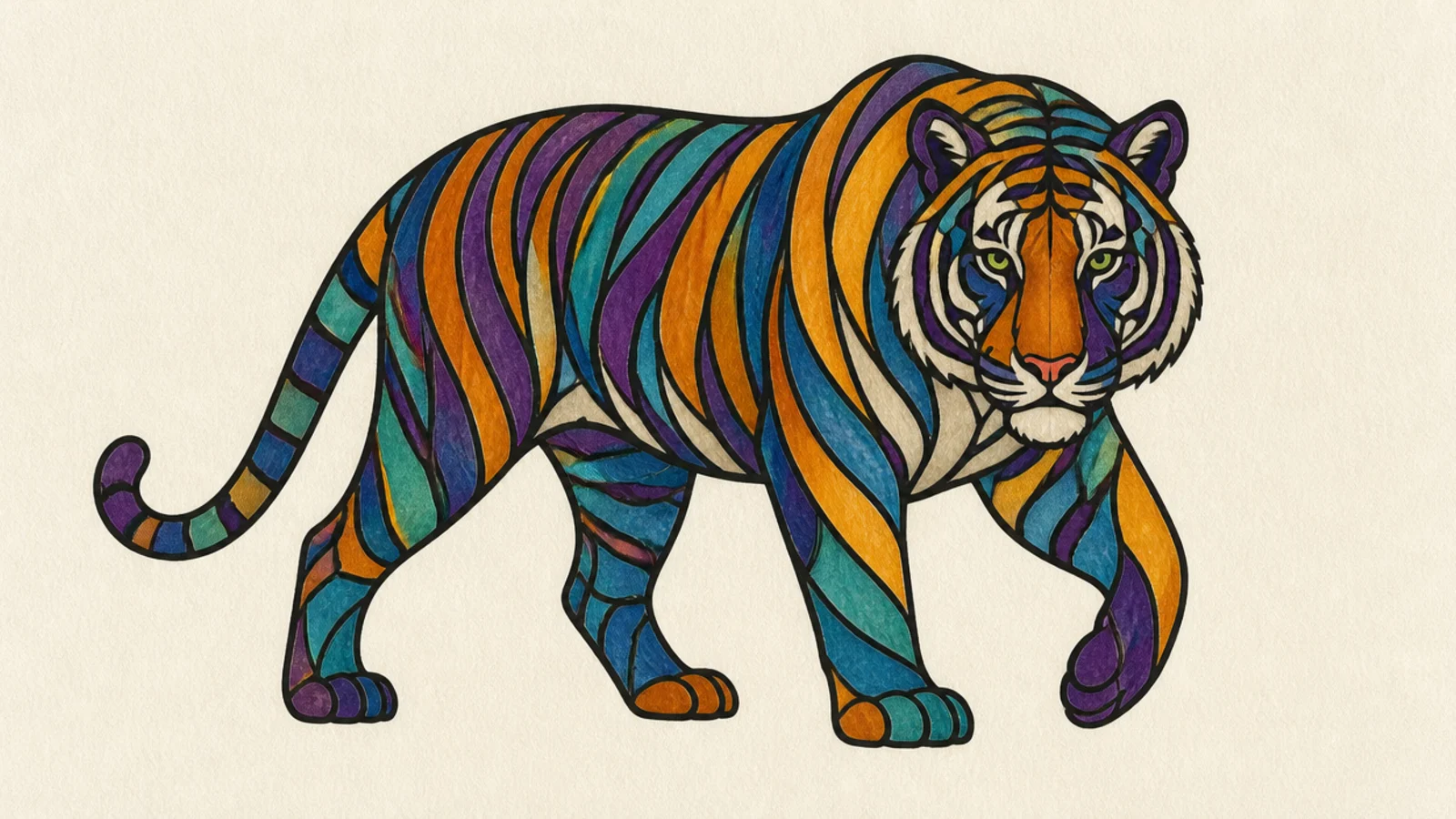 A tiger divided into stained-glass color panels with dark leading