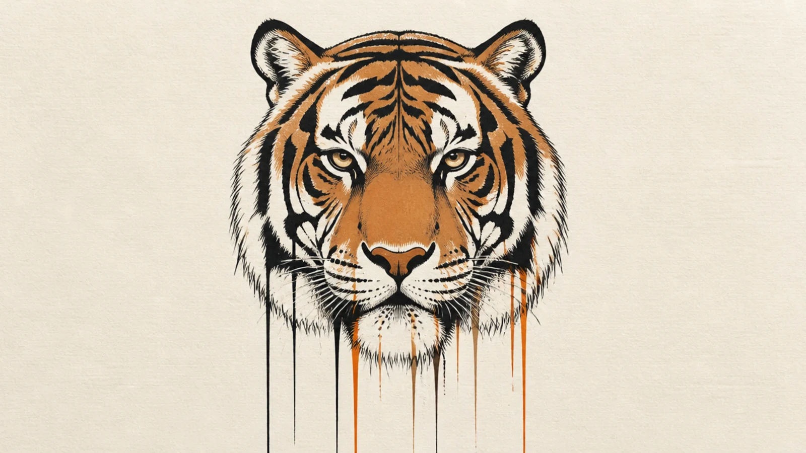 A tiger face with colorful paint drips running down the page