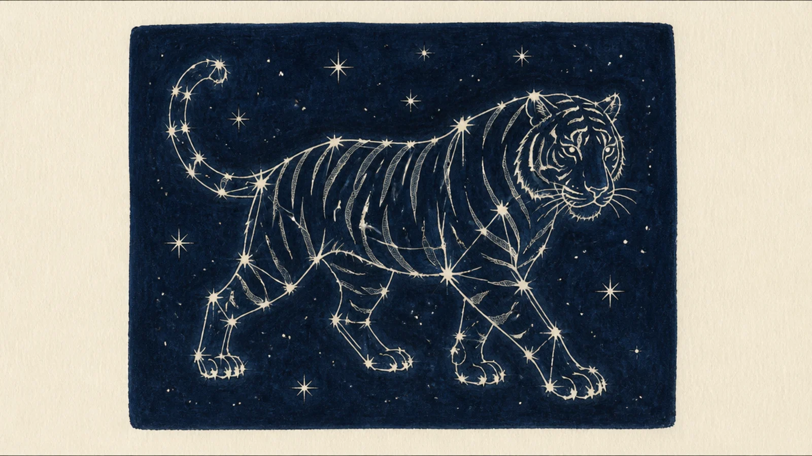 A tiger formed from connected stars on a night-sky background