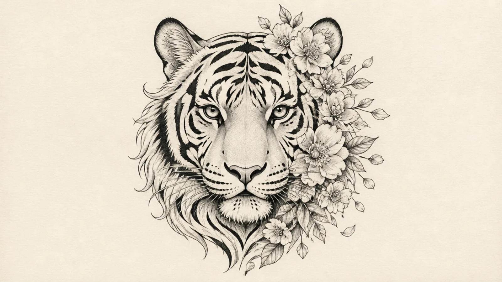 A tiger whose stripes and mane blend into flowers and leaves