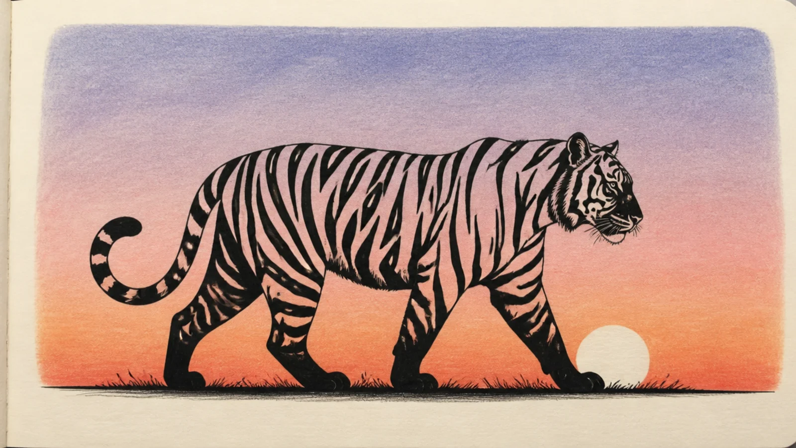 A black tiger silhouette against a gradient sunset sky