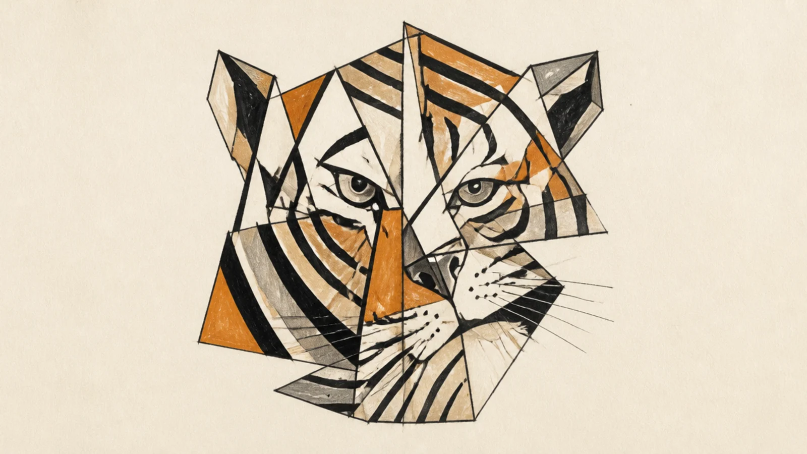 A tiger face fractured into overlapping cubist planes
