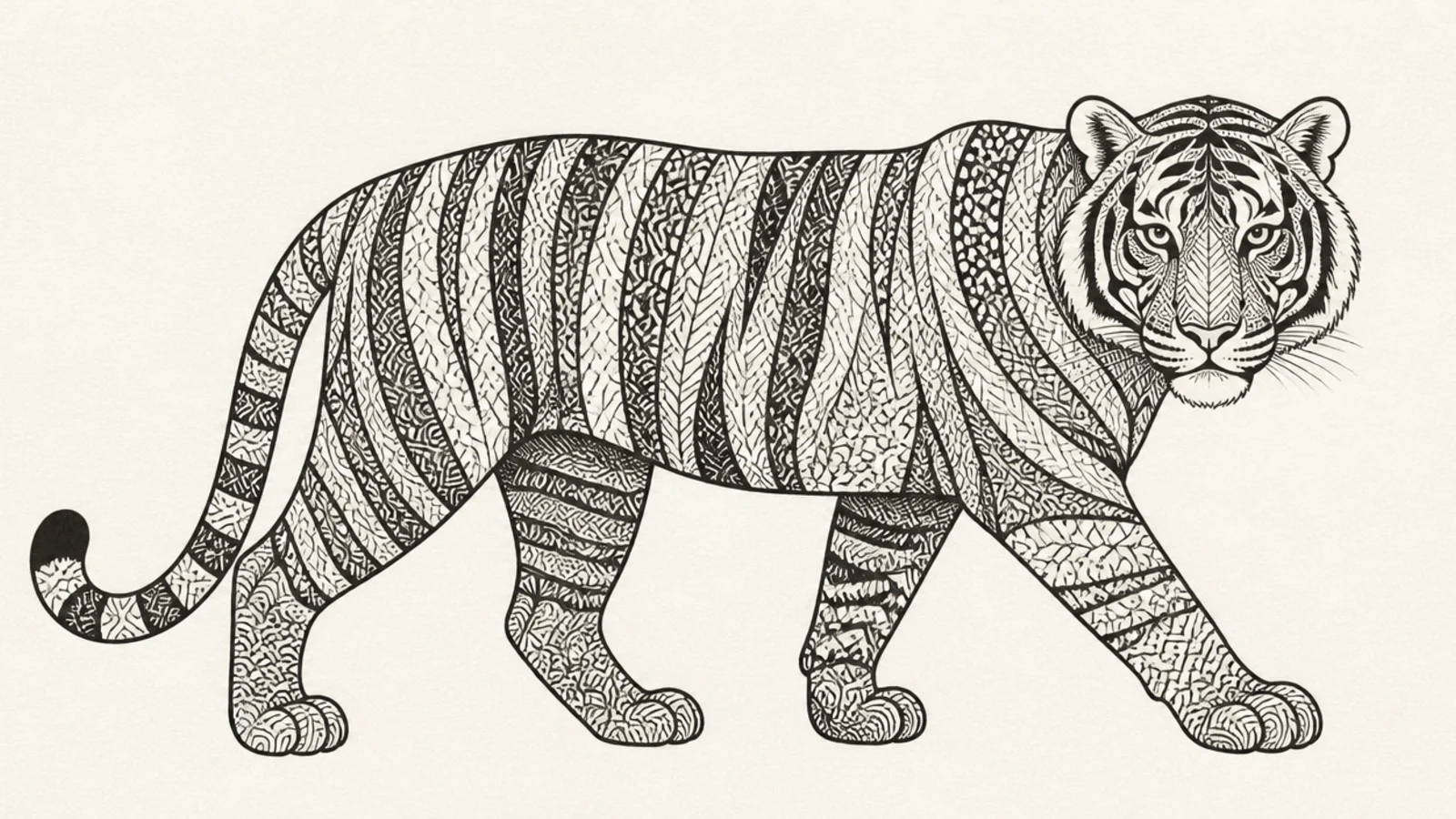 A tiger outline filled with intricate zentangle doodle patterns