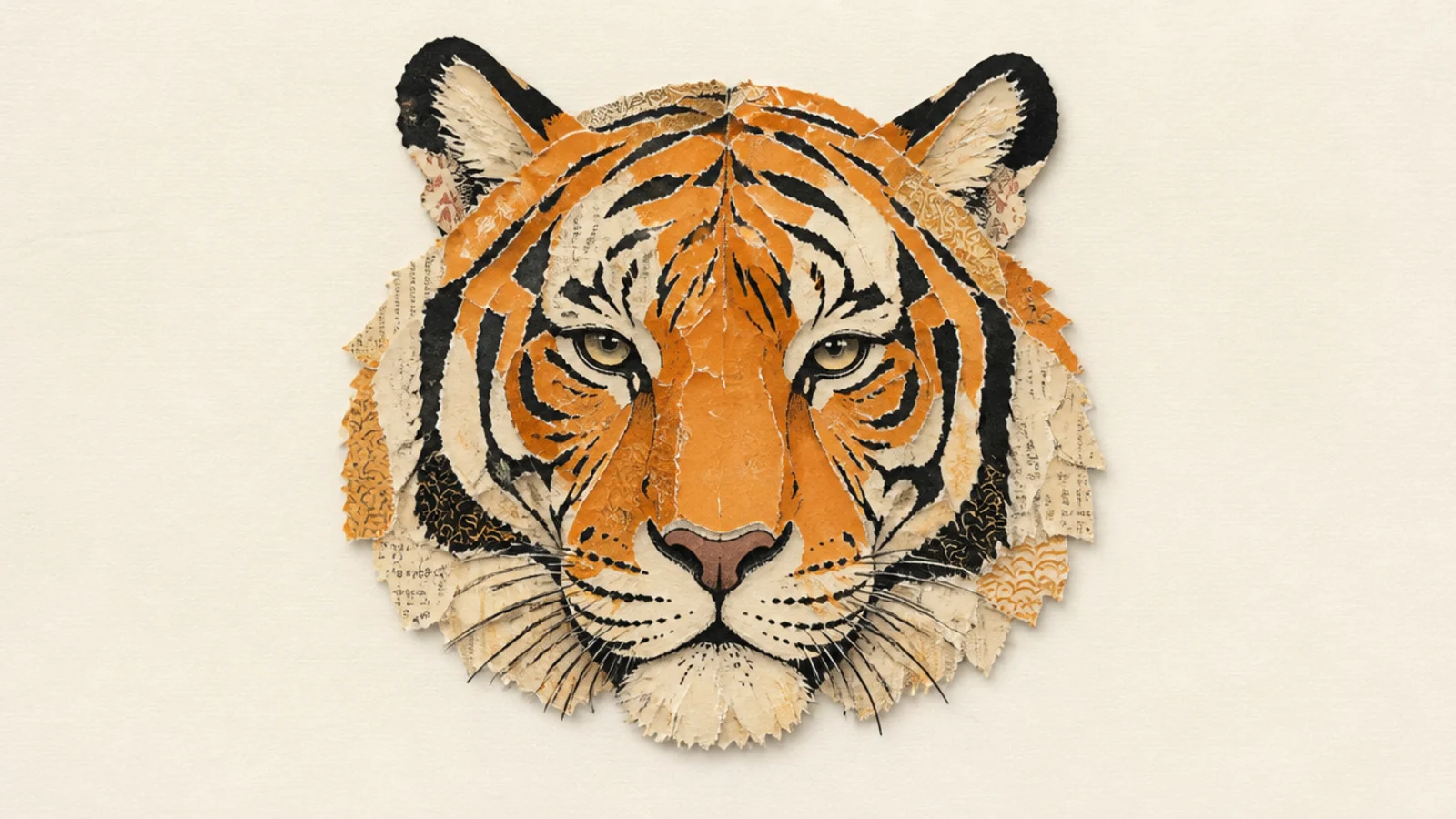 A tiger made from torn patterned paper pieces
