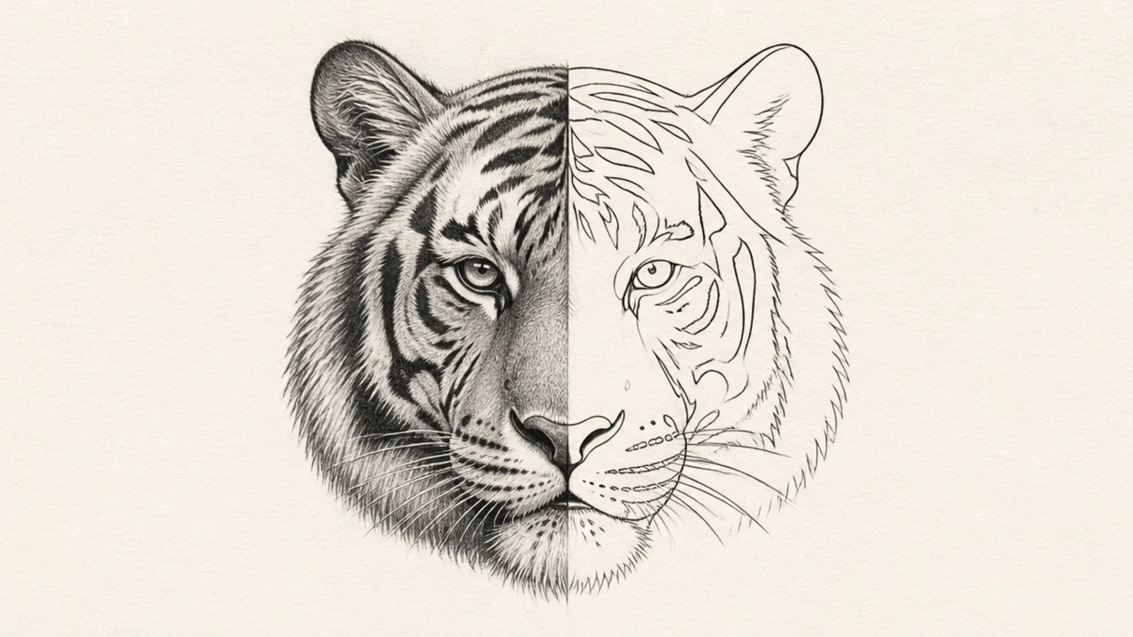 A tiger face half rendered realistically and half in line art