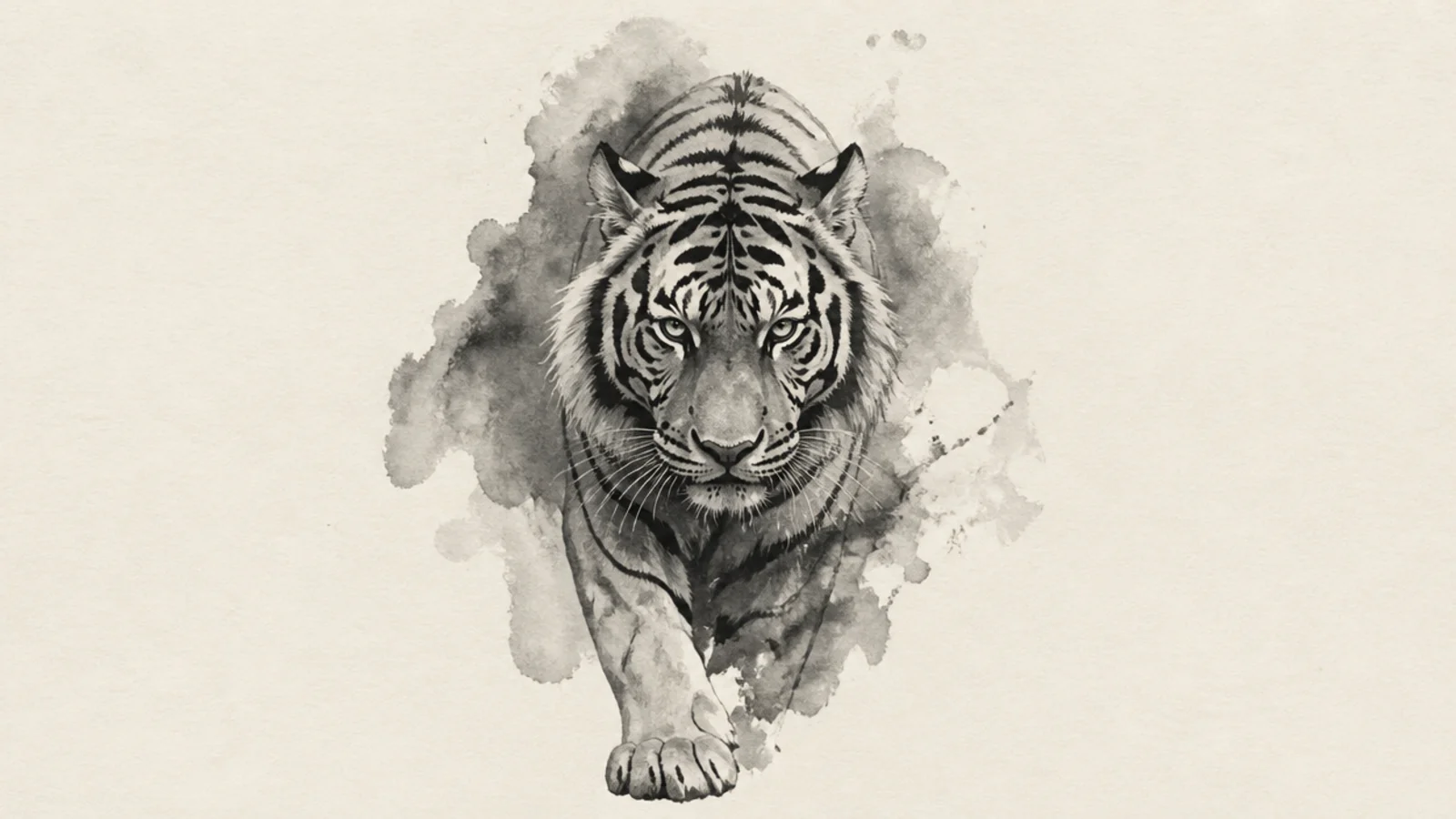 A tiger emerging from soft grey ink-wash shadows