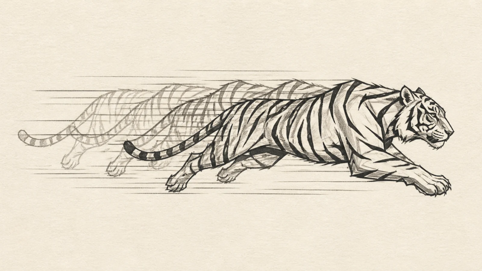 A running tiger repeated in fading overlapping motion frames