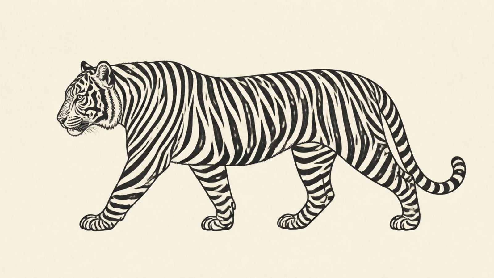 A tiger silhouette filled with a bold repeating stripe pattern