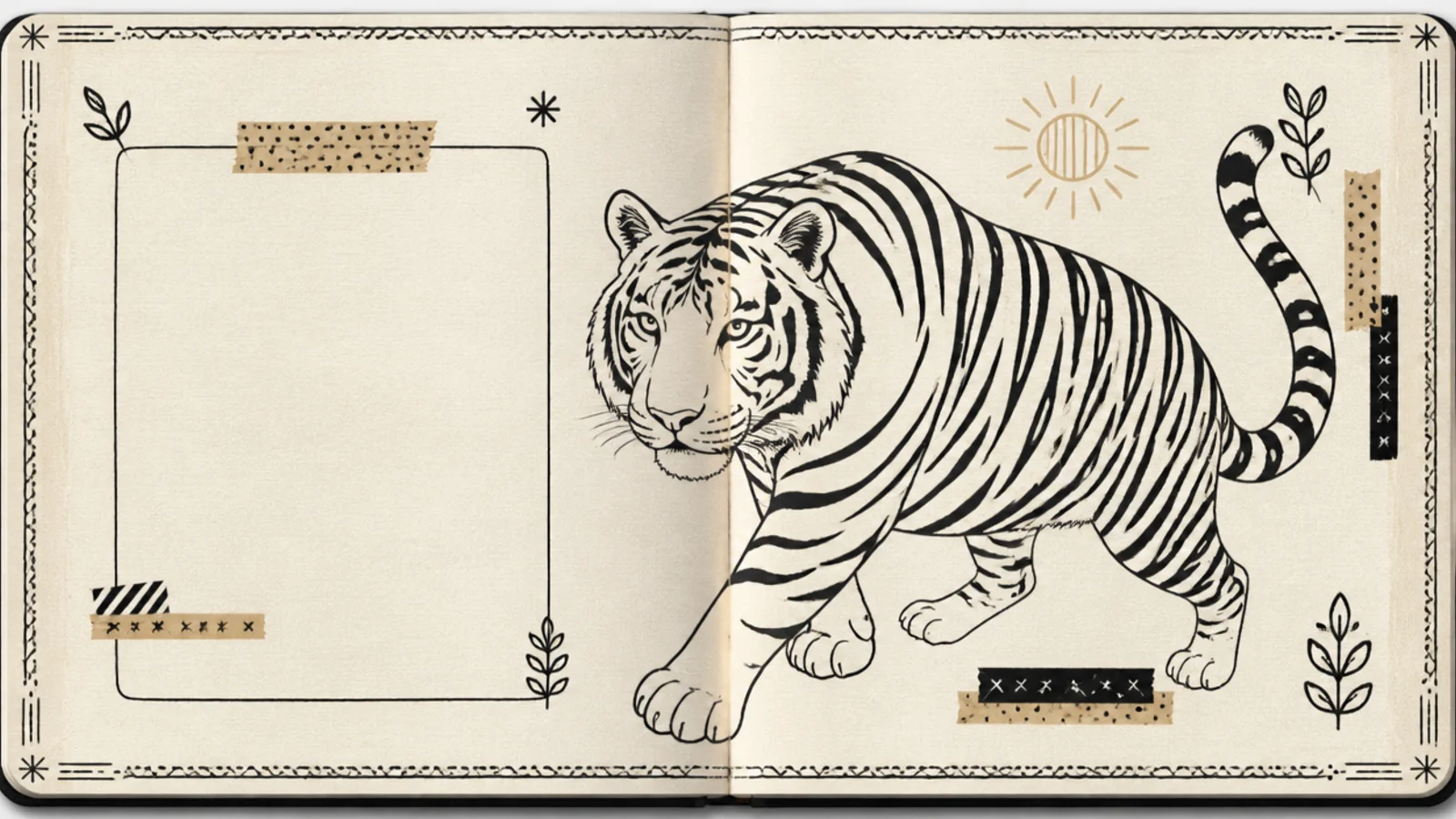 A full journal spread combining a tiger with washi, ink, and notes