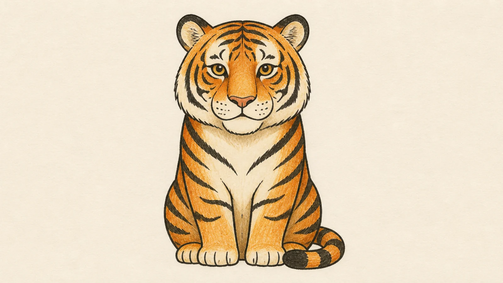 A simple tiger sitting upright seen from the front