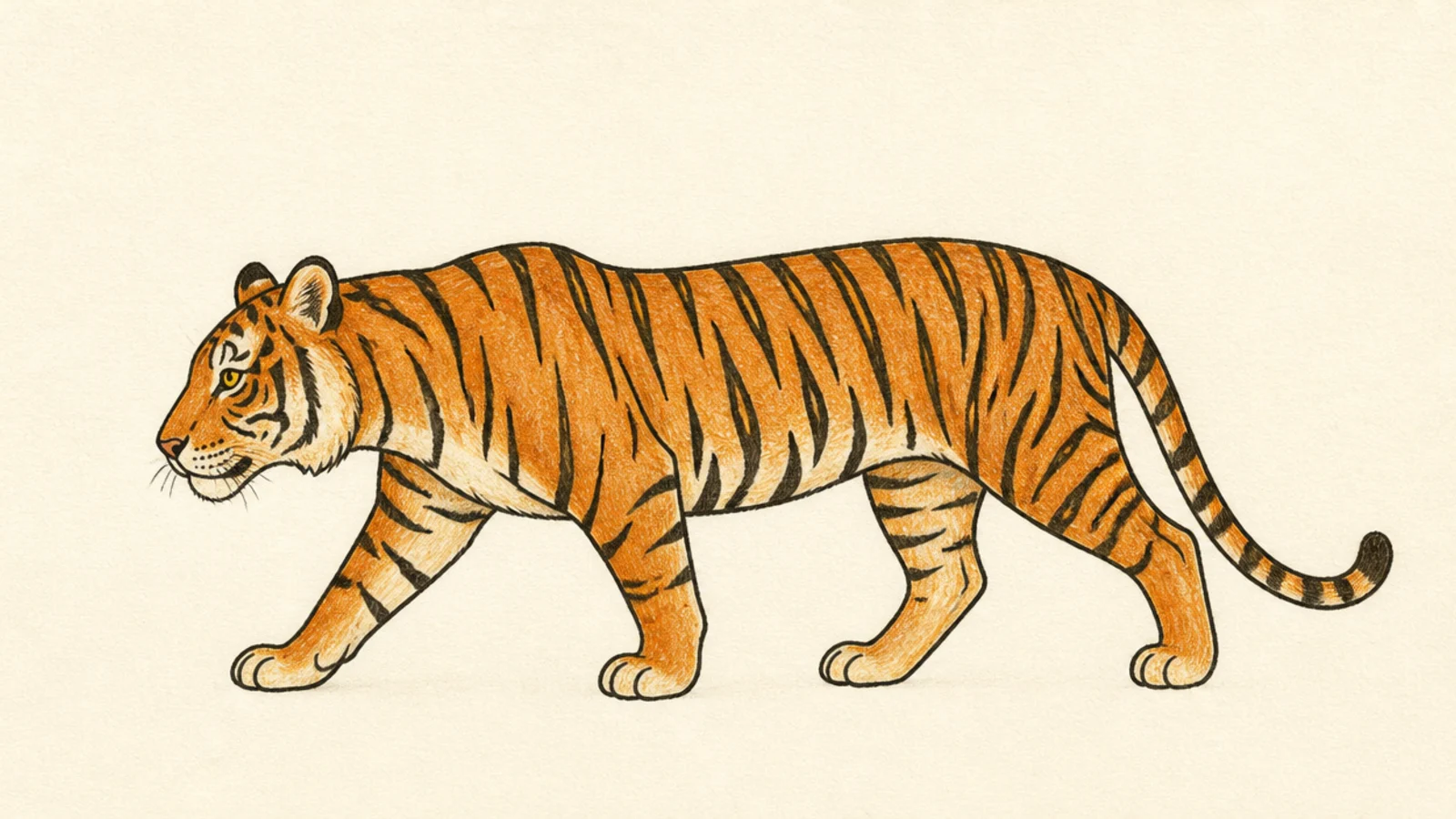 A simple tiger walking in side profile
