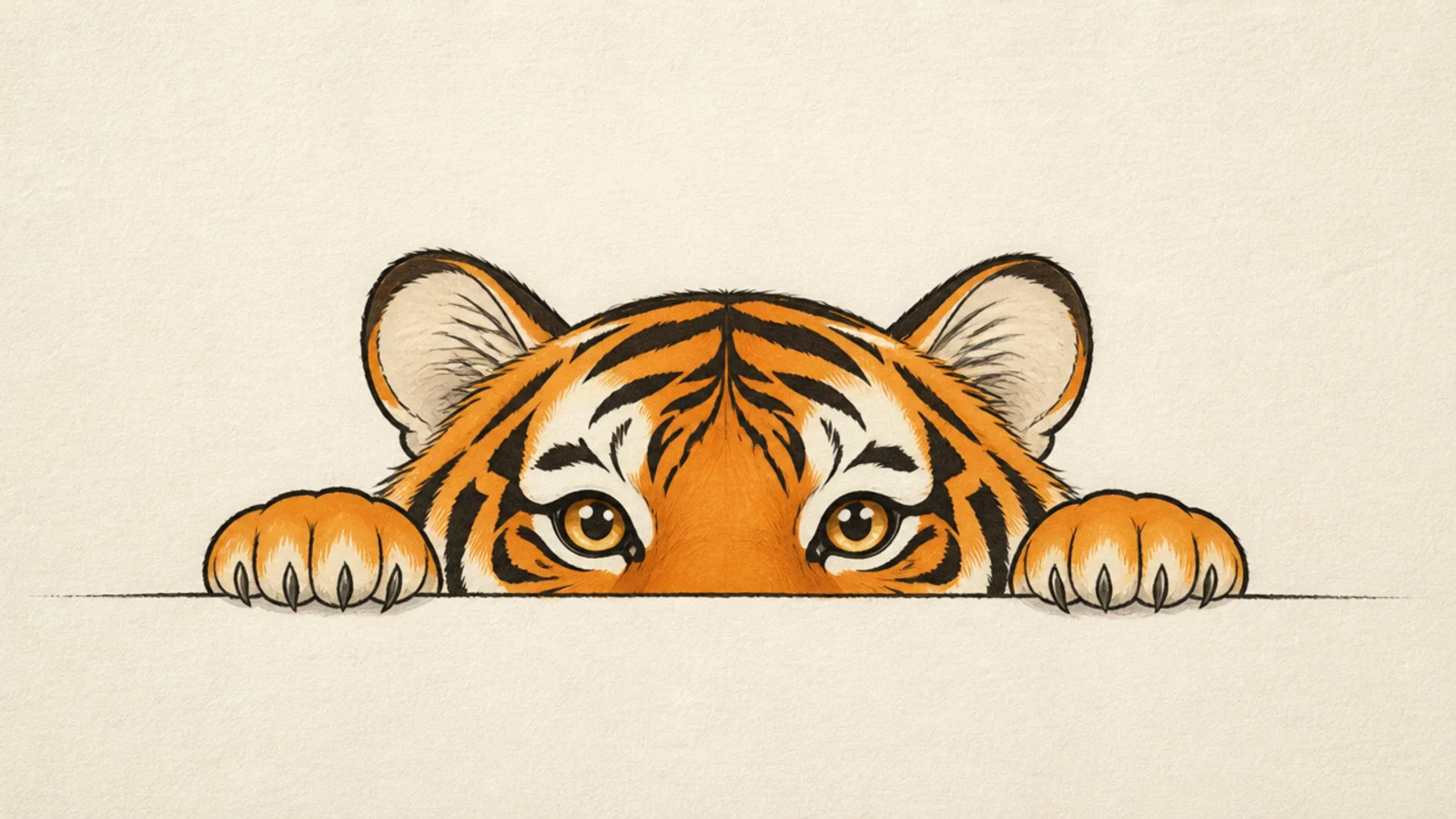 A tiger face peeking over a horizontal line showing only eyes and ears