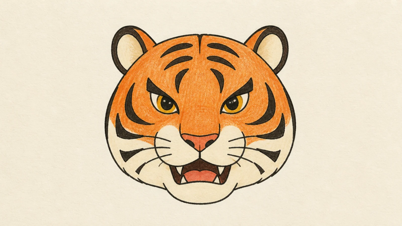 A simple tiger face showing two small fangs and a growl