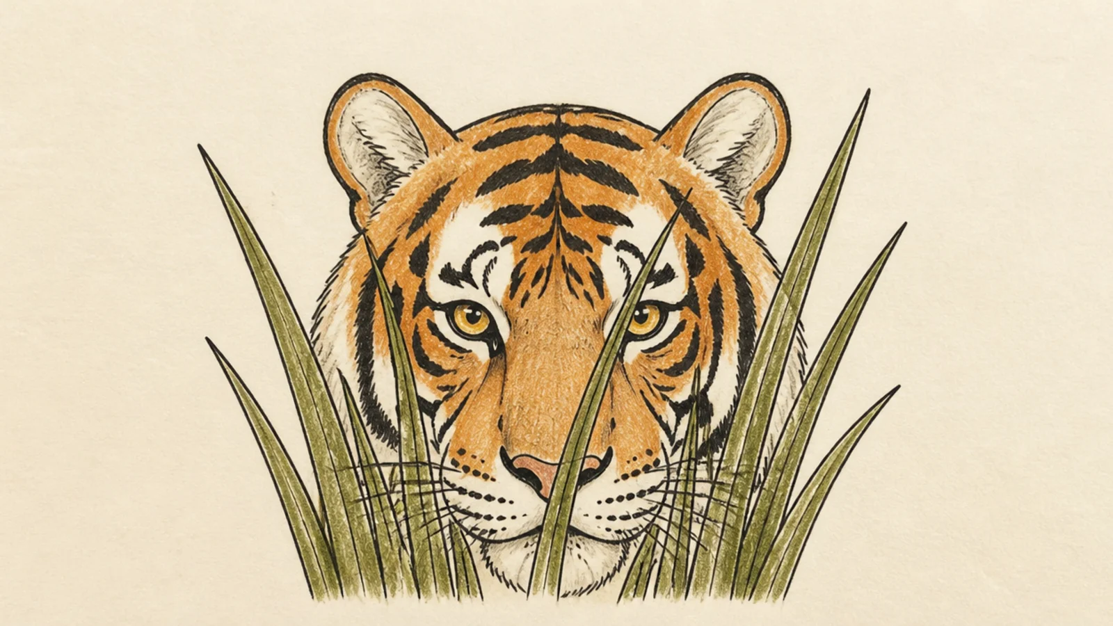 A tiger face peering out from behind simple tall grass blades