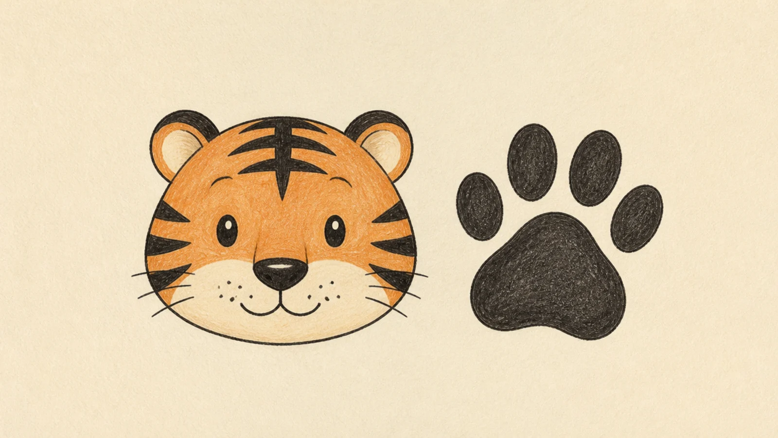 A small tiger face beside a large tiger paw print