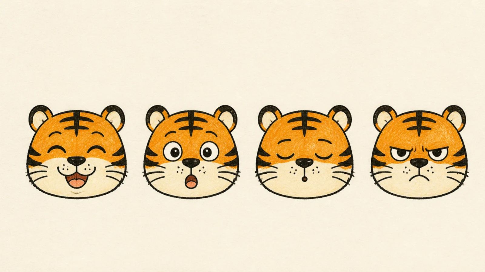 A row of small tiger faces with different simple expressions
