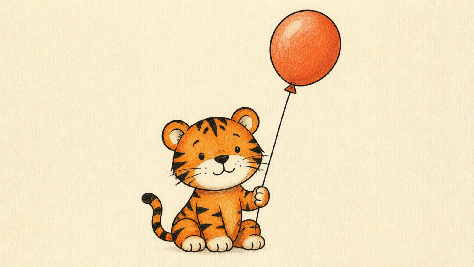 A small sitting tiger holding a round balloon on a string