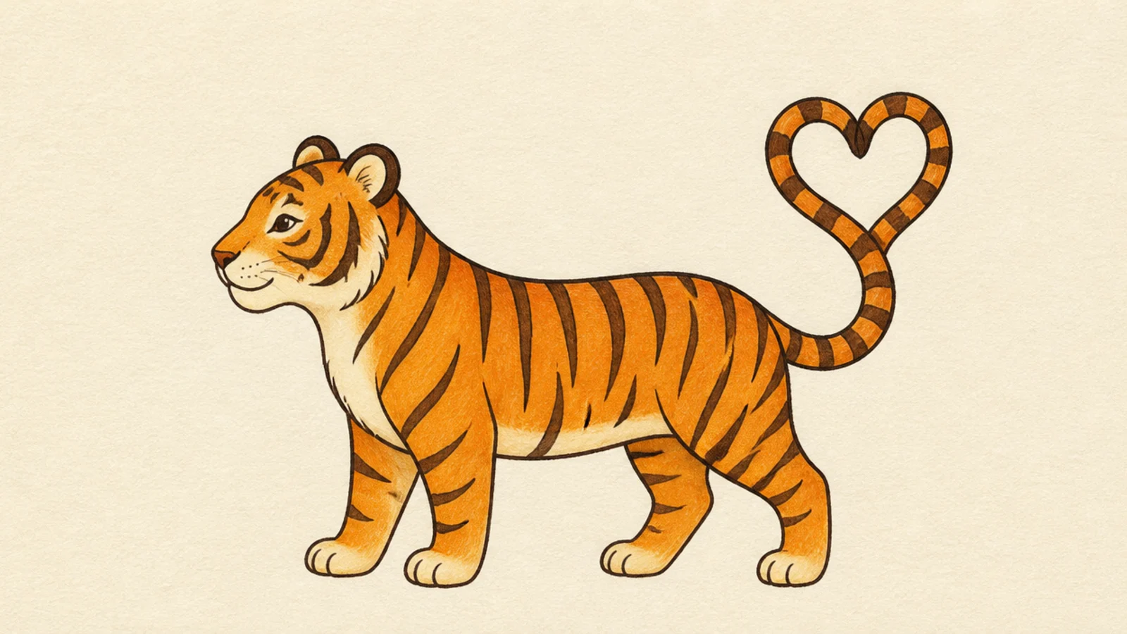 A simple tiger whose tail curls into a heart shape