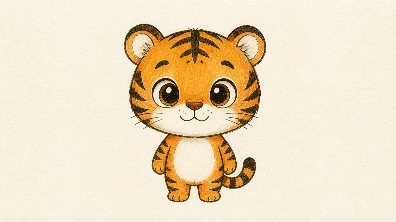 A tiny chibi tiger standing upright with a big head and small body