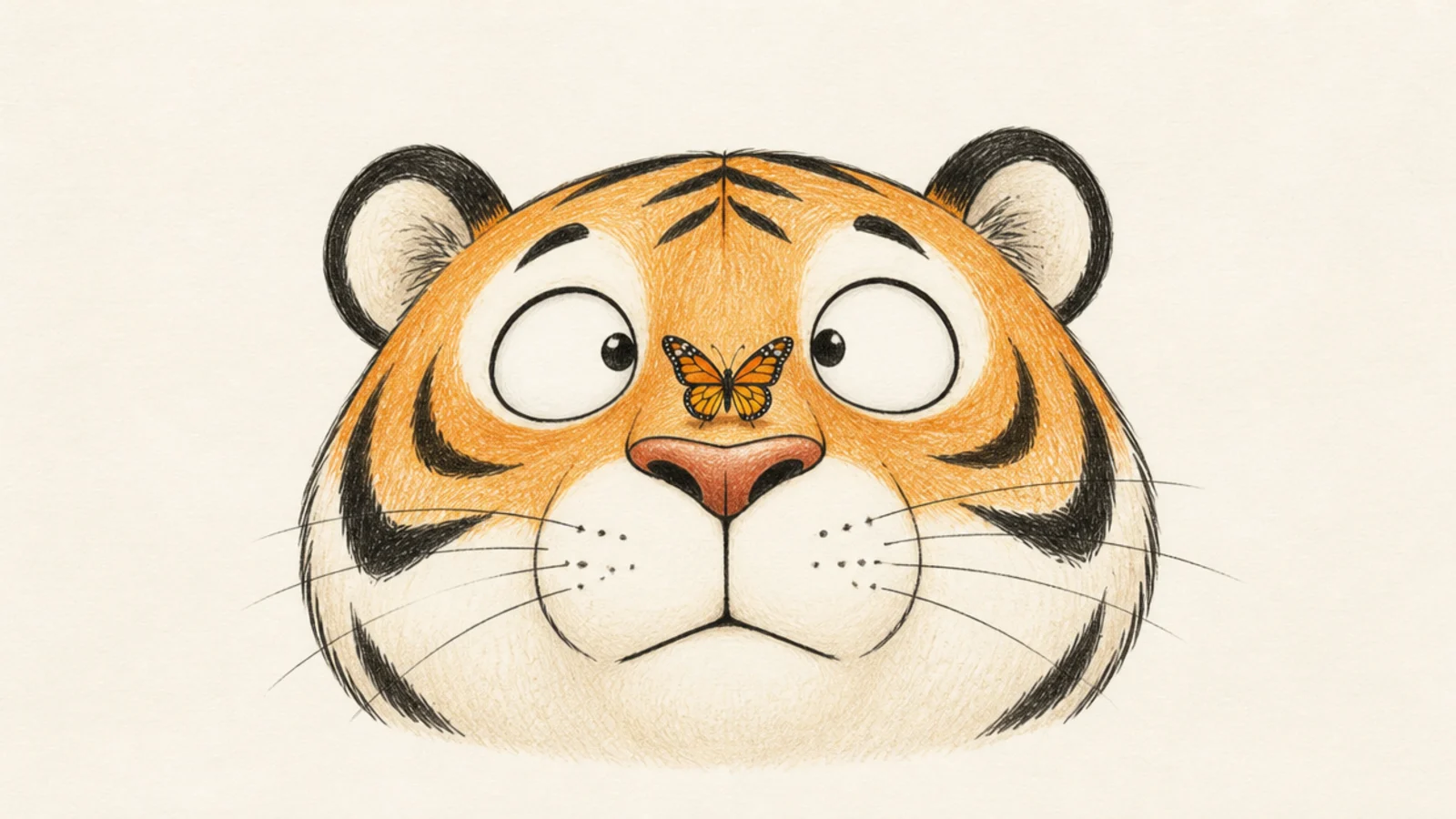 A simple tiger looking up at a small butterfly on its nose
