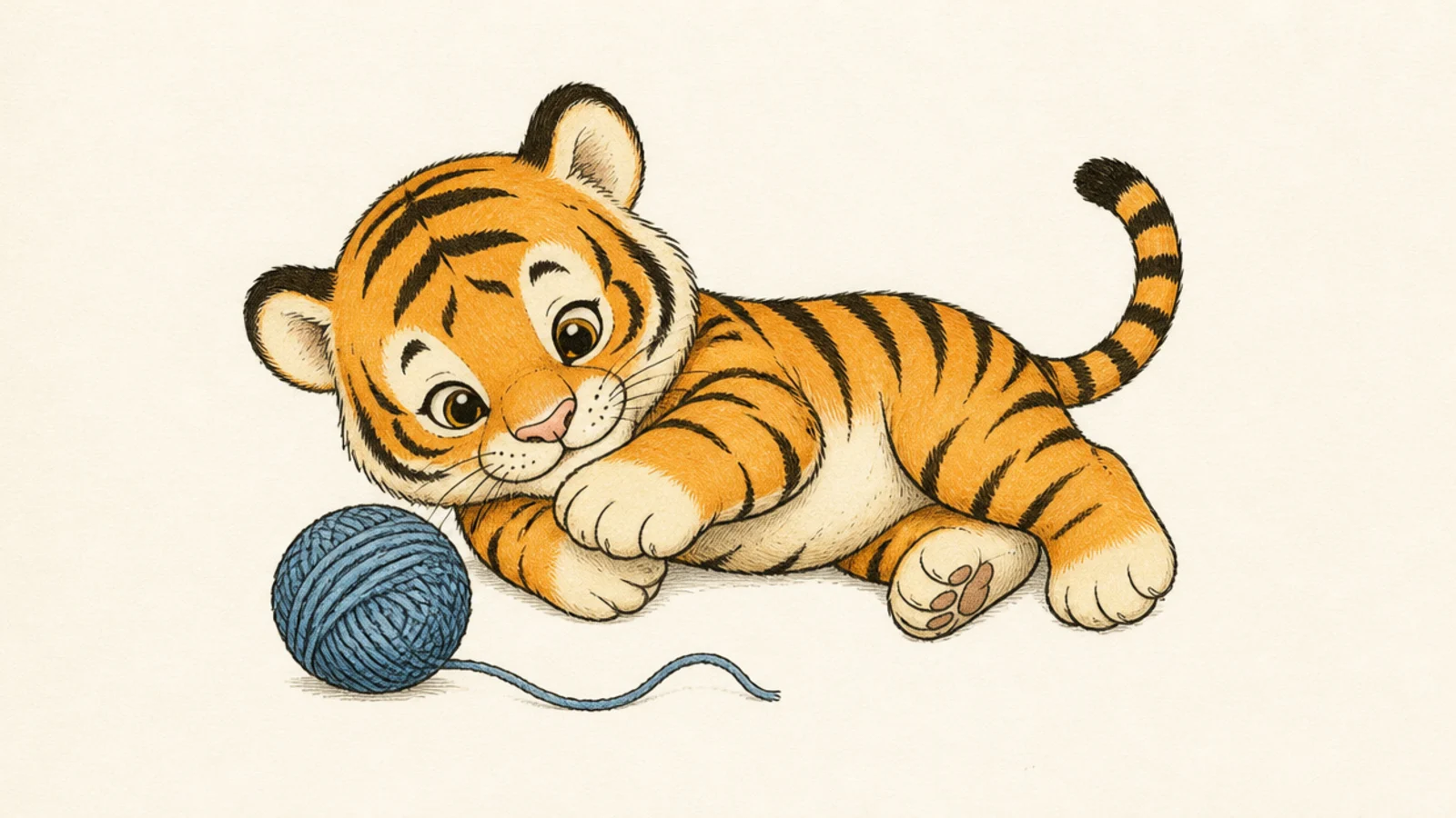 A playful tiger cub batting at a ball of yarn