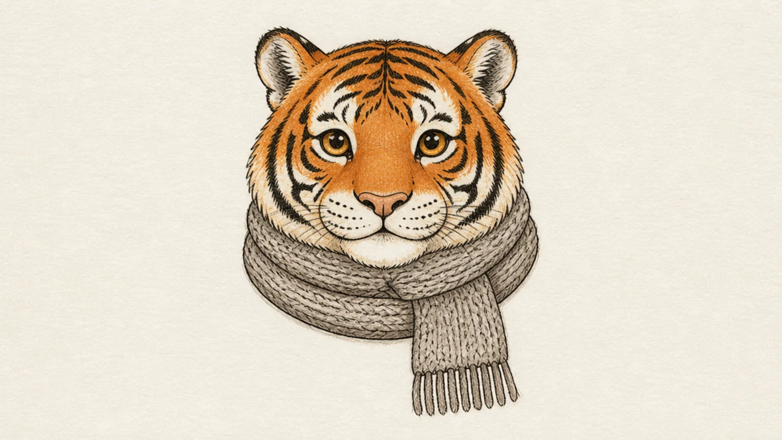 A cozy tiger face wrapped in a simple knitted scarf