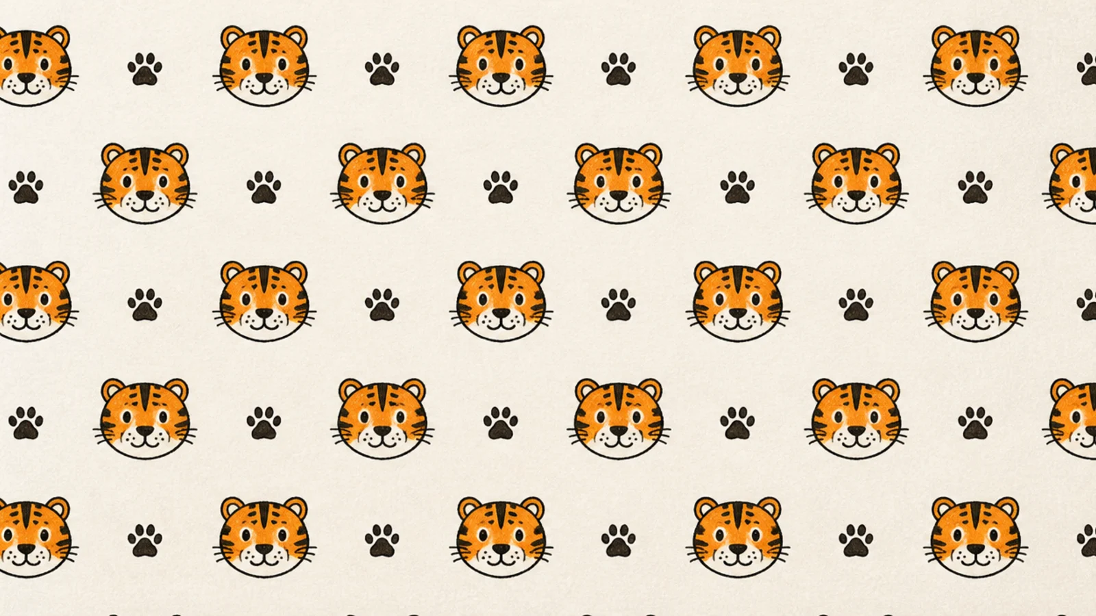 A repeating pattern of tiny simple tiger faces and paw prints