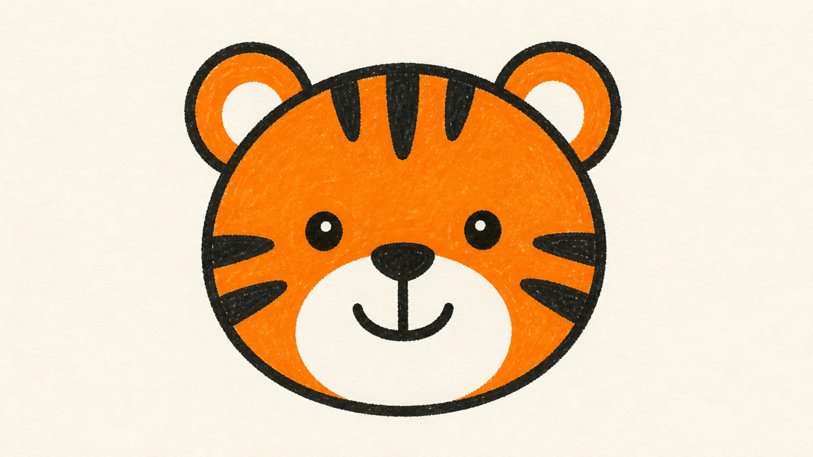 A simple round tiger face with a big smile and a few stripes