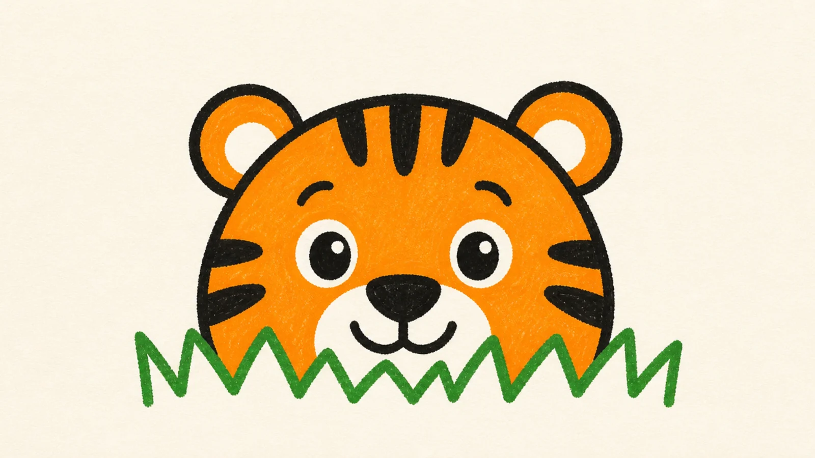 A tiger face peeking over simple grass