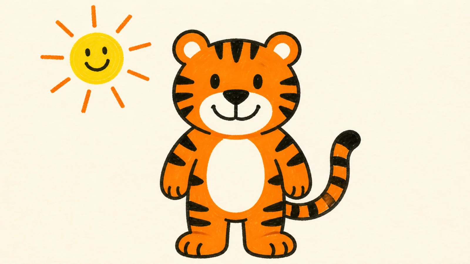 A happy tiger standing under a bright smiling sun