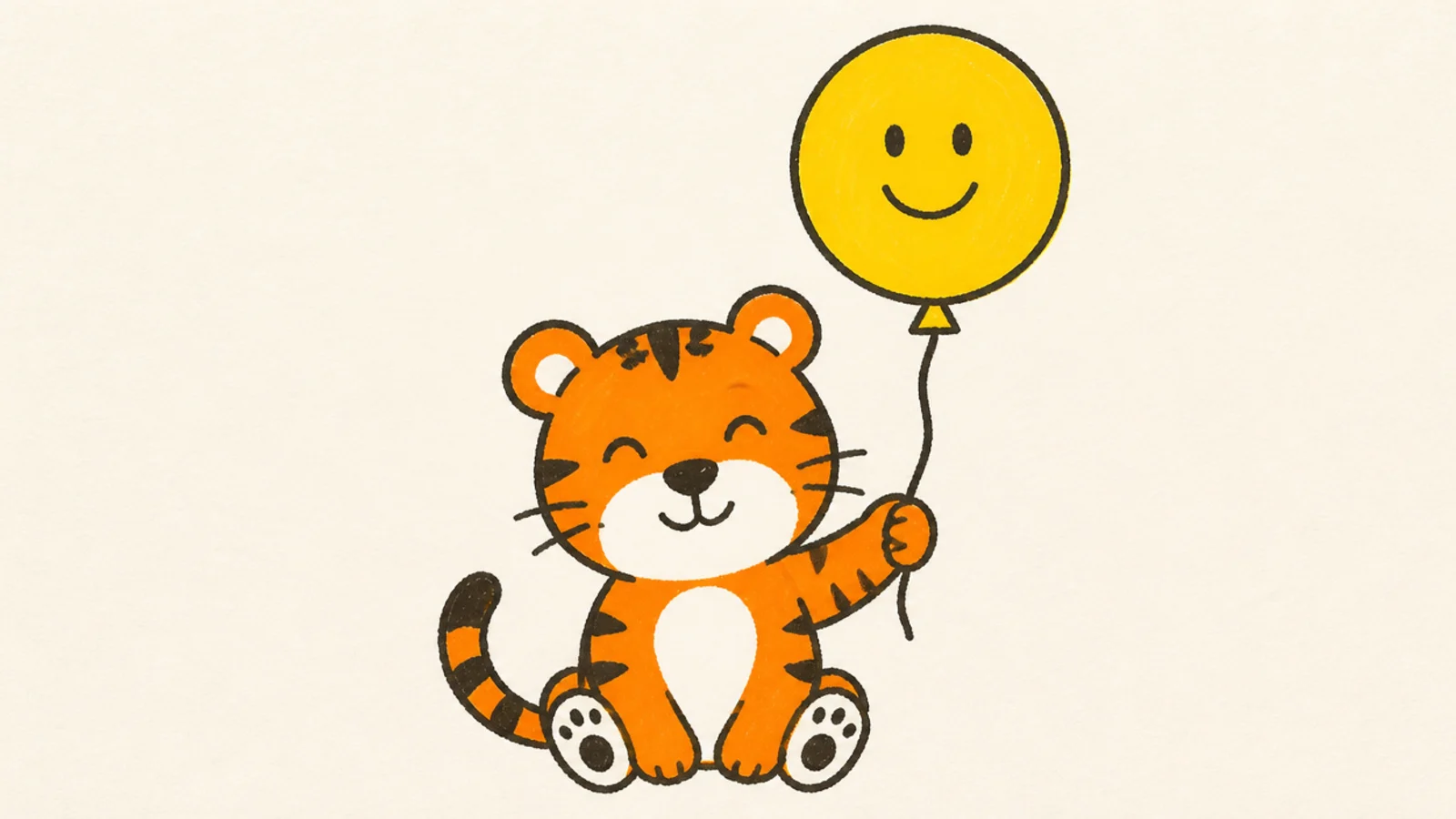 A little tiger holding a balloon on a string