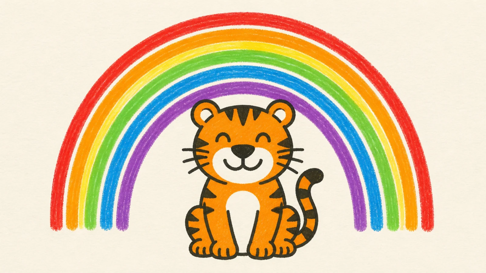 A happy tiger under a colorful rainbow