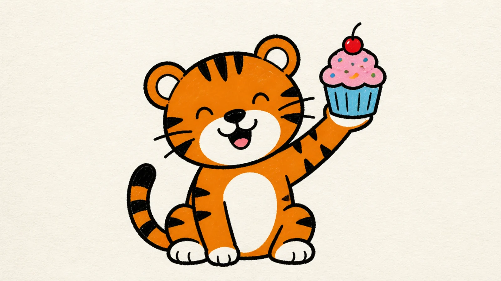 A little tiger holding a cupcake with a cherry