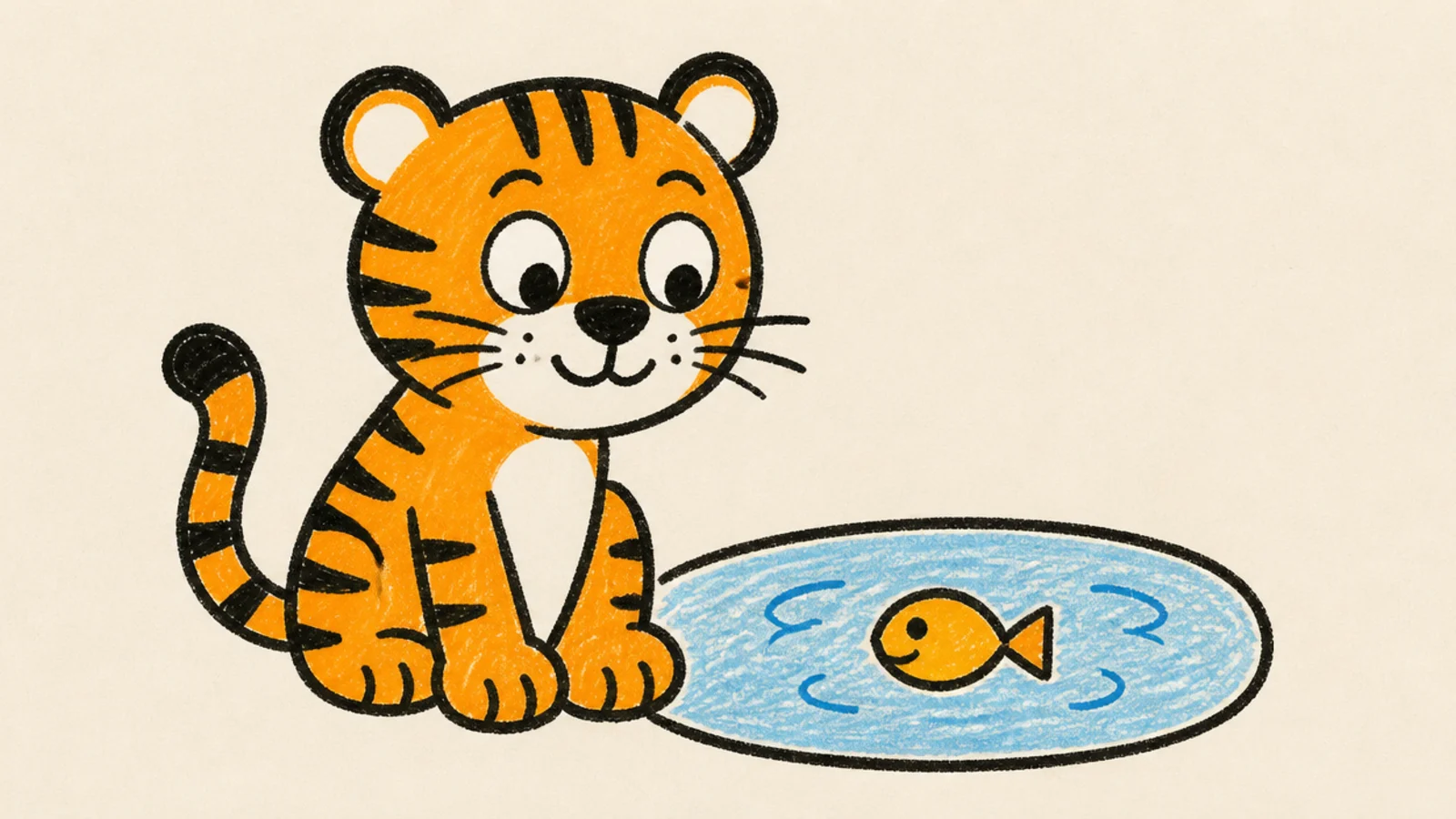A tiger looking at a fish in a little pond