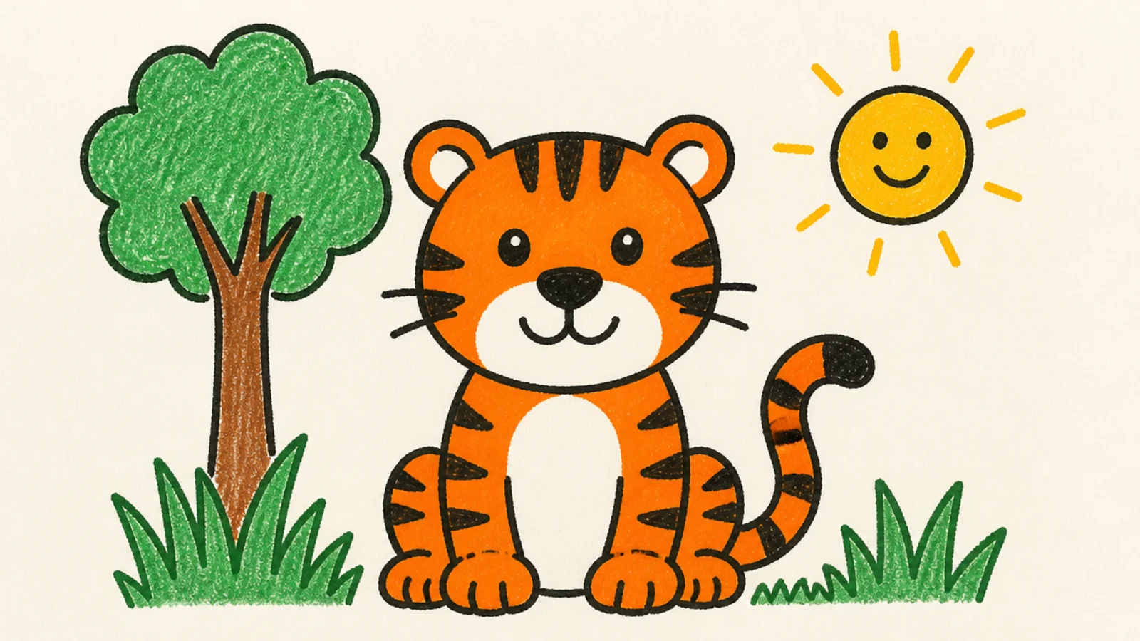 A tiger in a simple jungle scene with a tree and sun