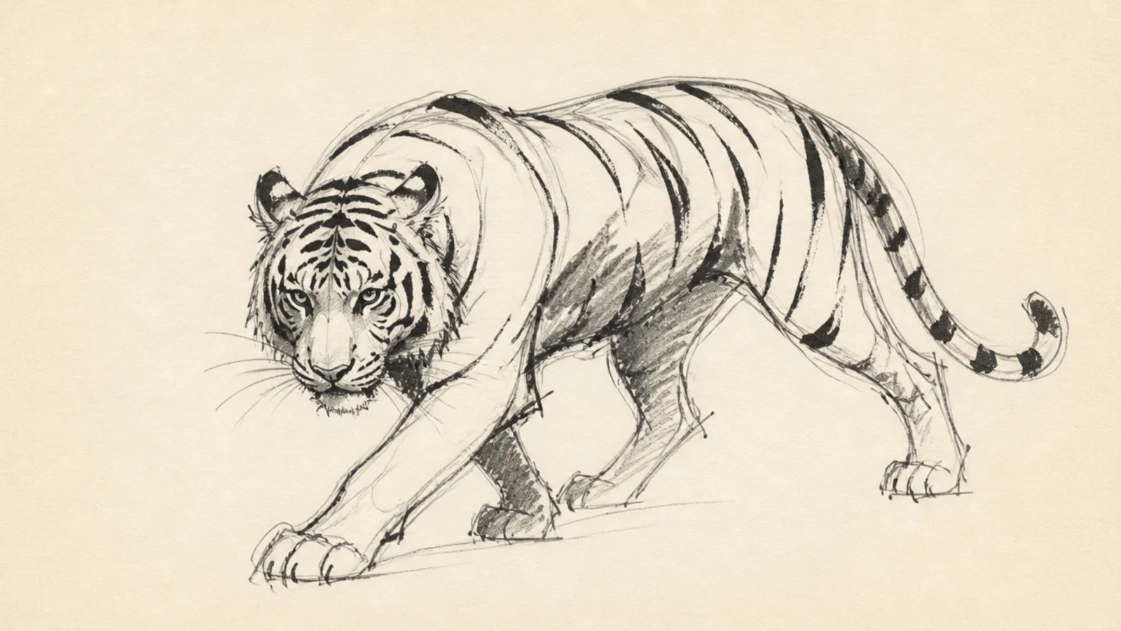A fast loose gesture sketch of a prowling tiger in a few flowing lines