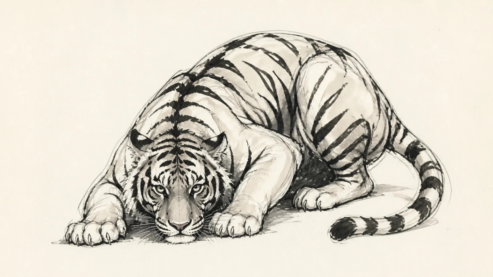 A loose sketch of a tiger crouched low ready to pounce