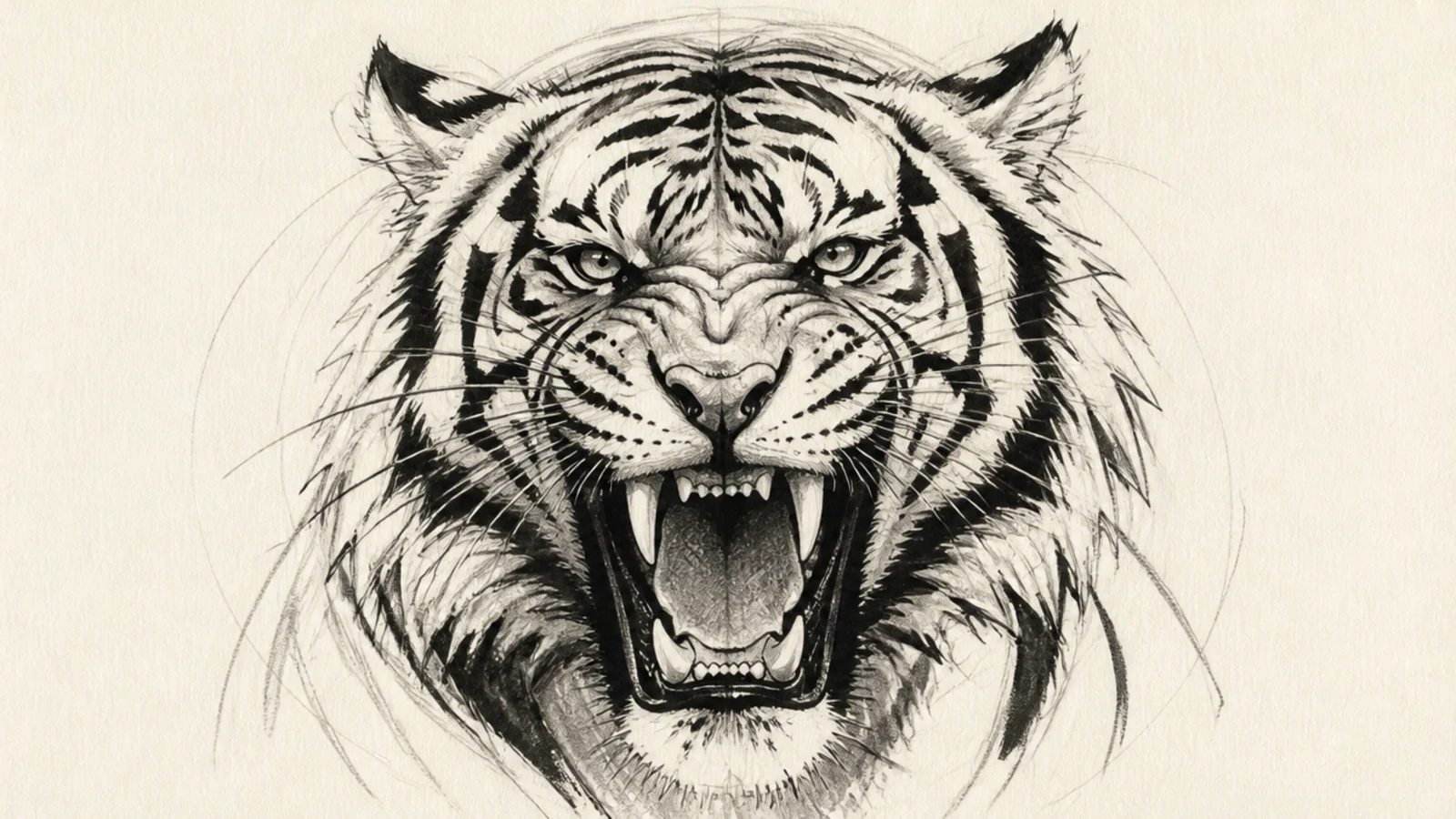 A bold ink sketch of a roaring tiger head with an open jaw