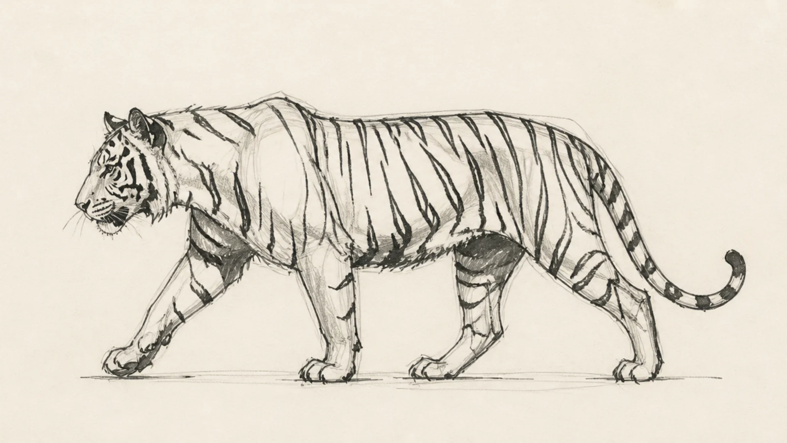 A profile sketch of a tiger walking, showing the leg mechanics