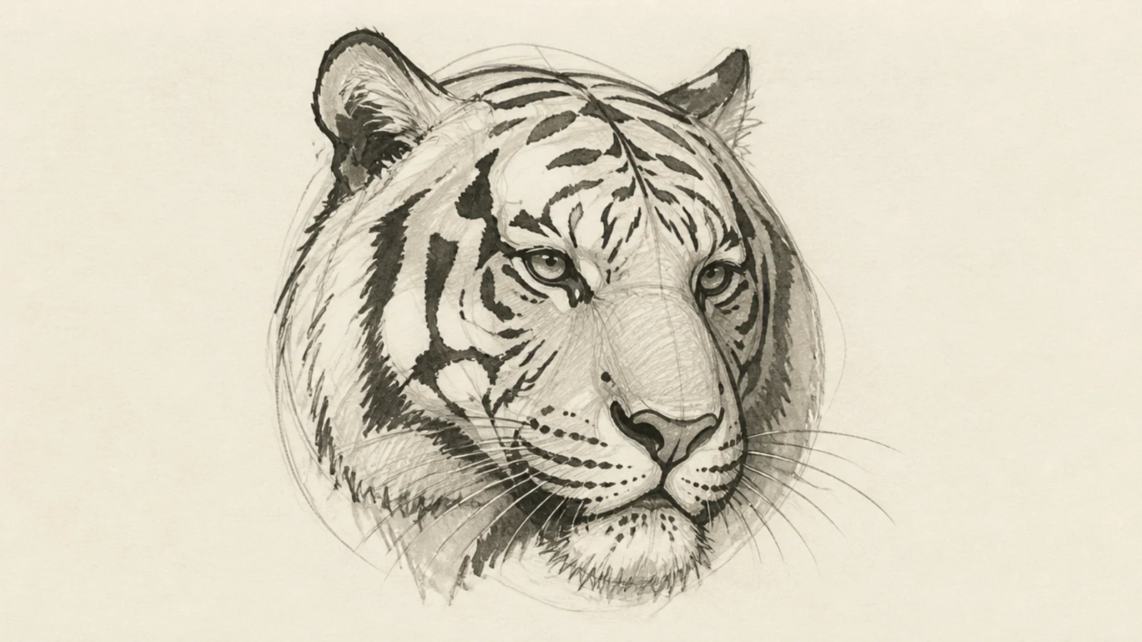 A loose three-quarter view sketch of a tiger's face