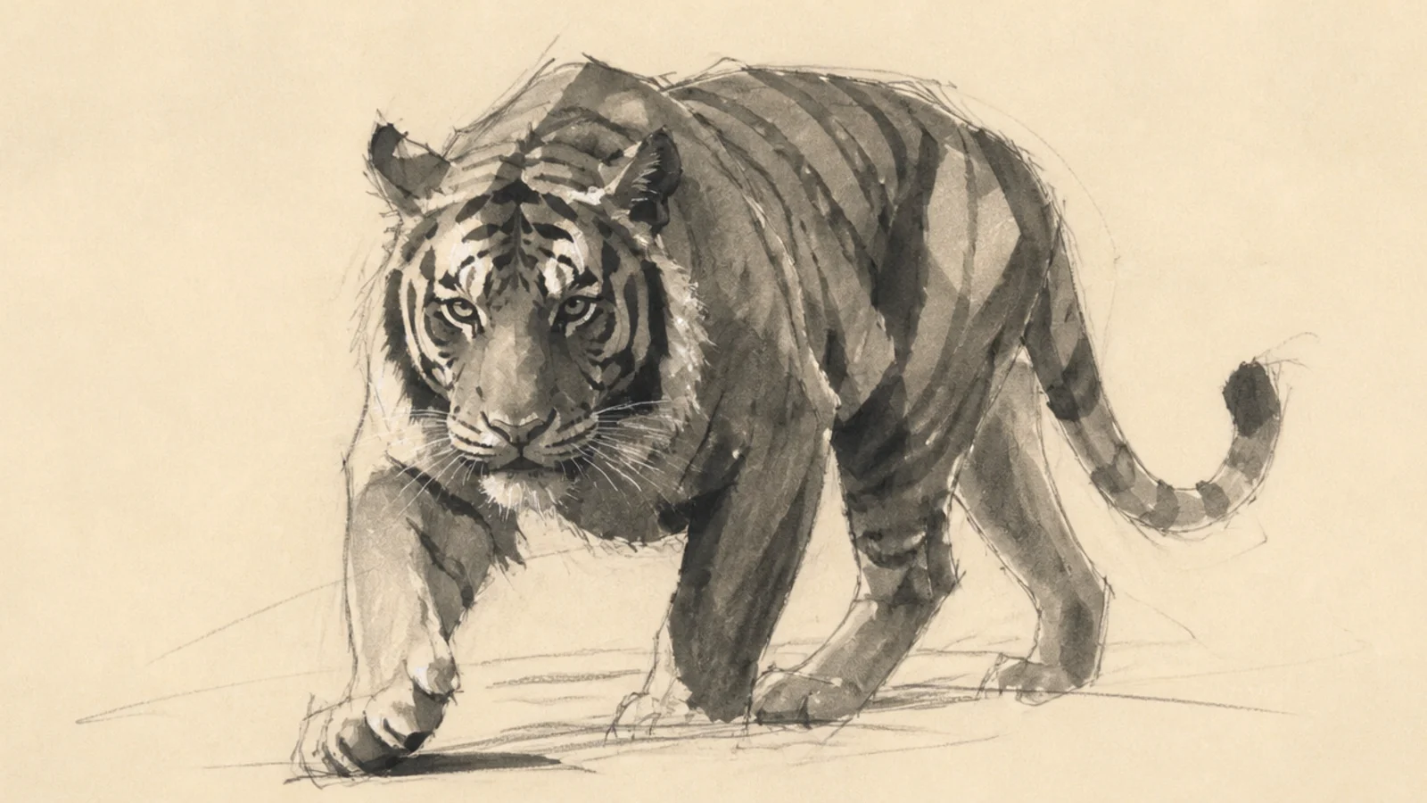 A tiger sketch built from large blocked shadow shapes