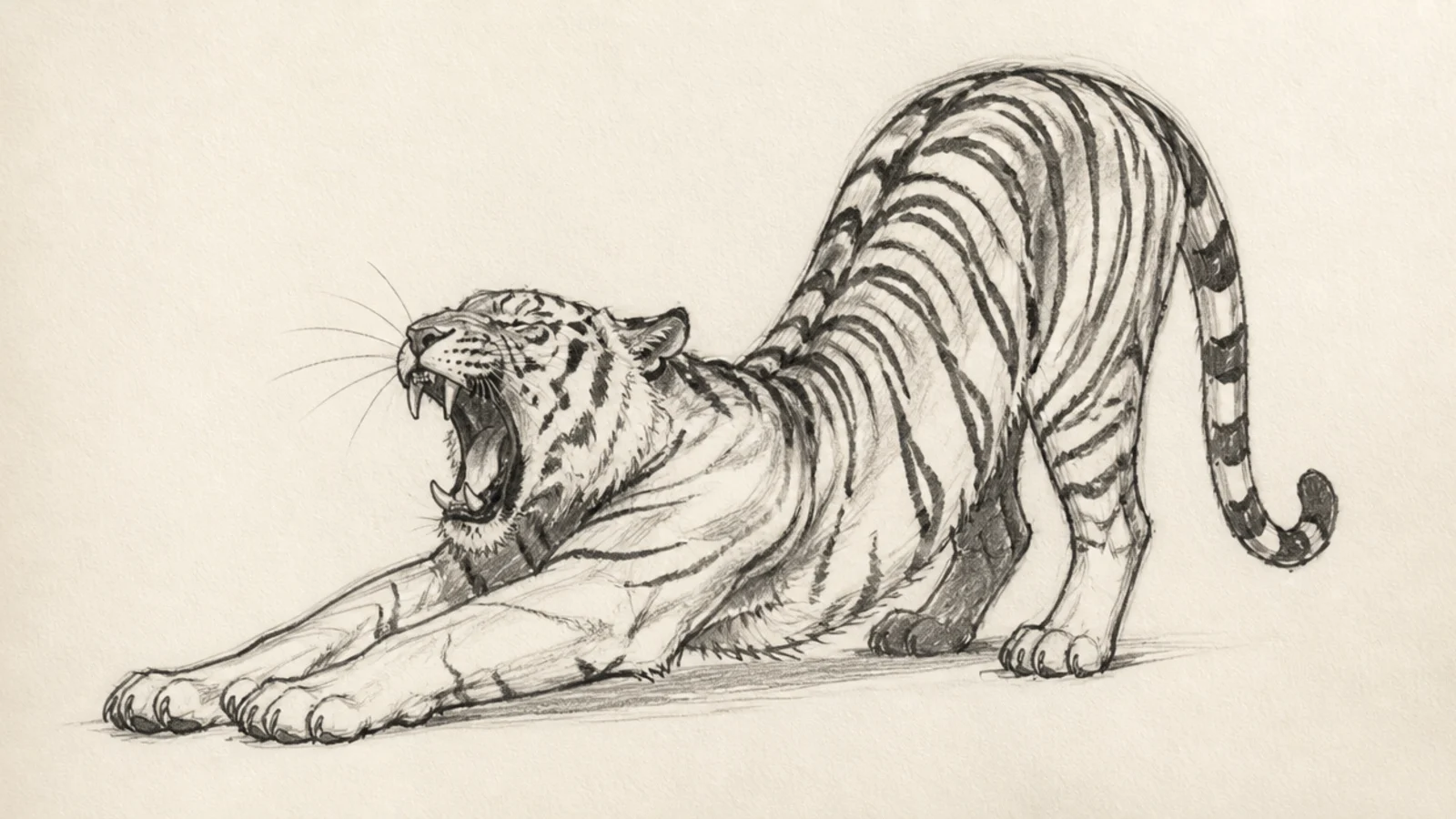 A loose sketch of a tiger stretching with an open yawning mouth