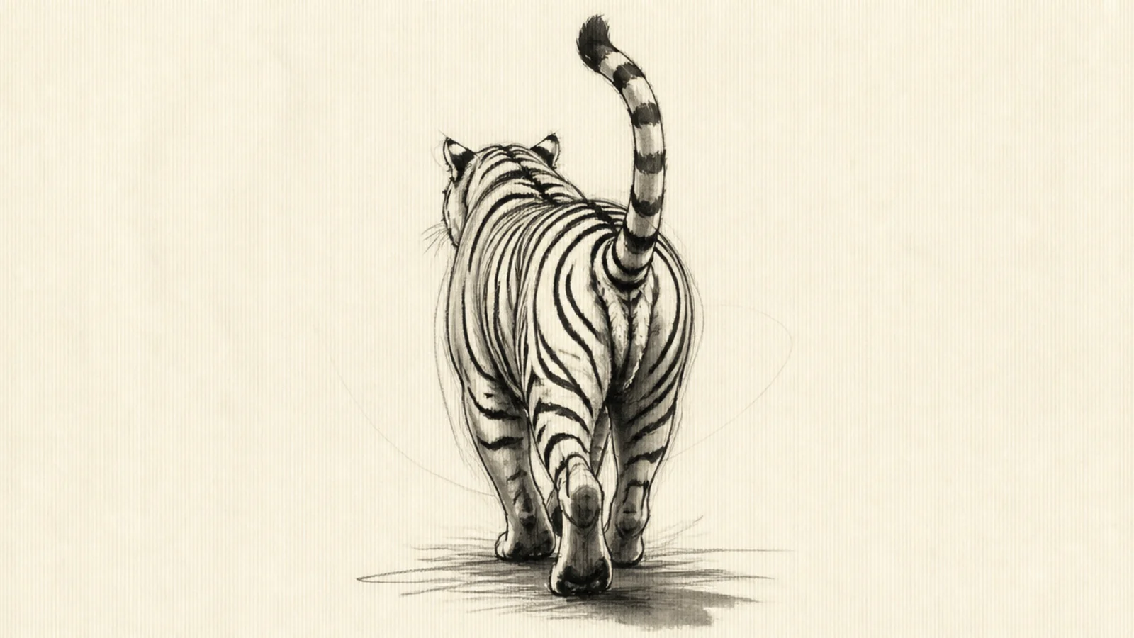A sketch of a tiger seen from behind walking away with tail raised
