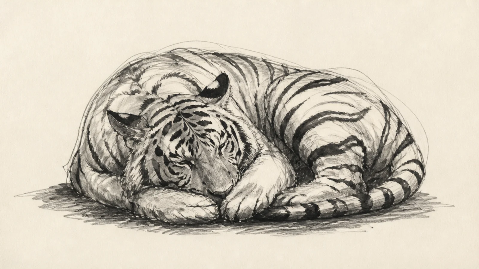 A soft loose sketch of a tiger sleeping curled into a heavy mass
