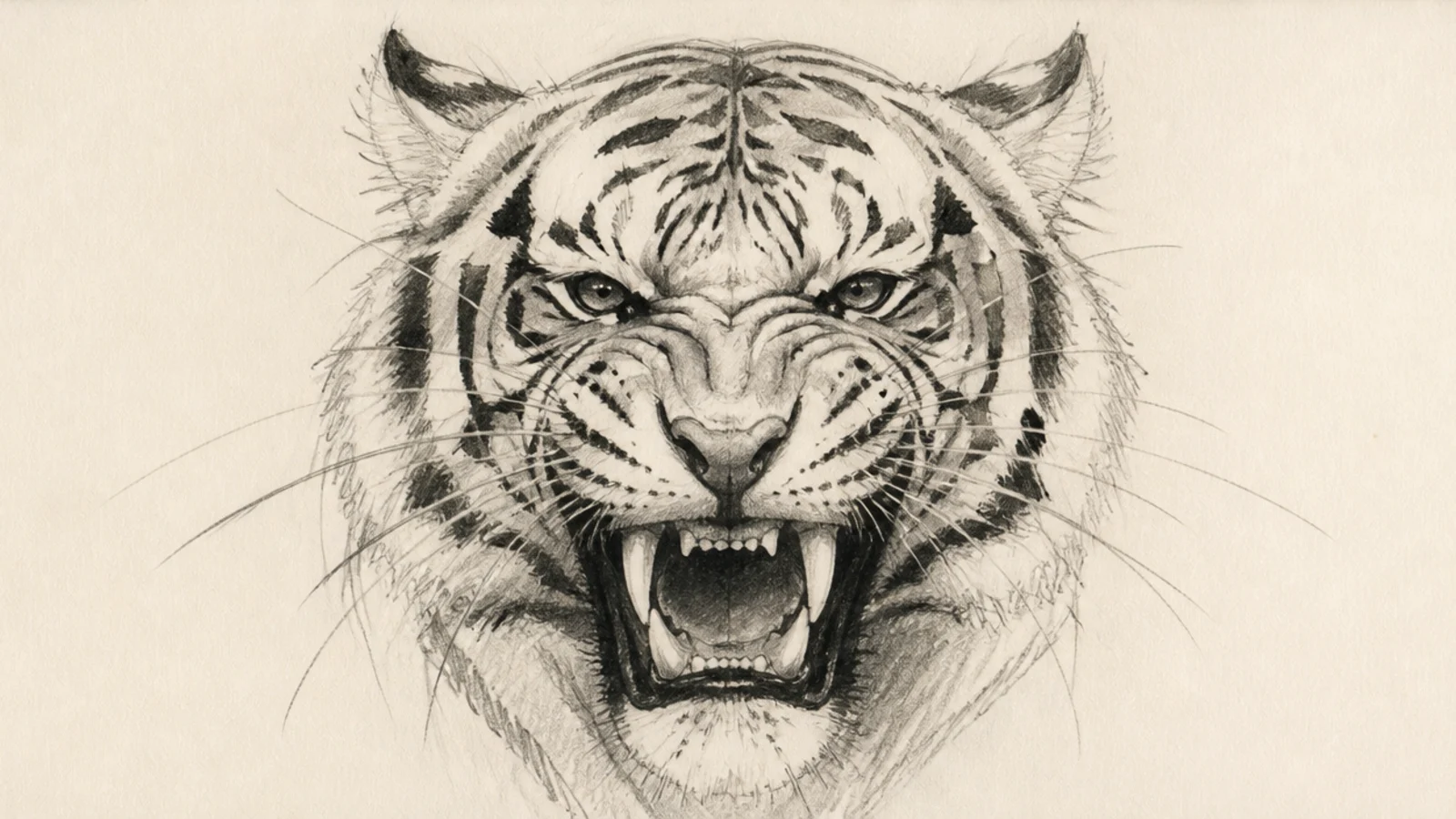 A bold sketch close-up of a snarling tiger's muzzle and teeth