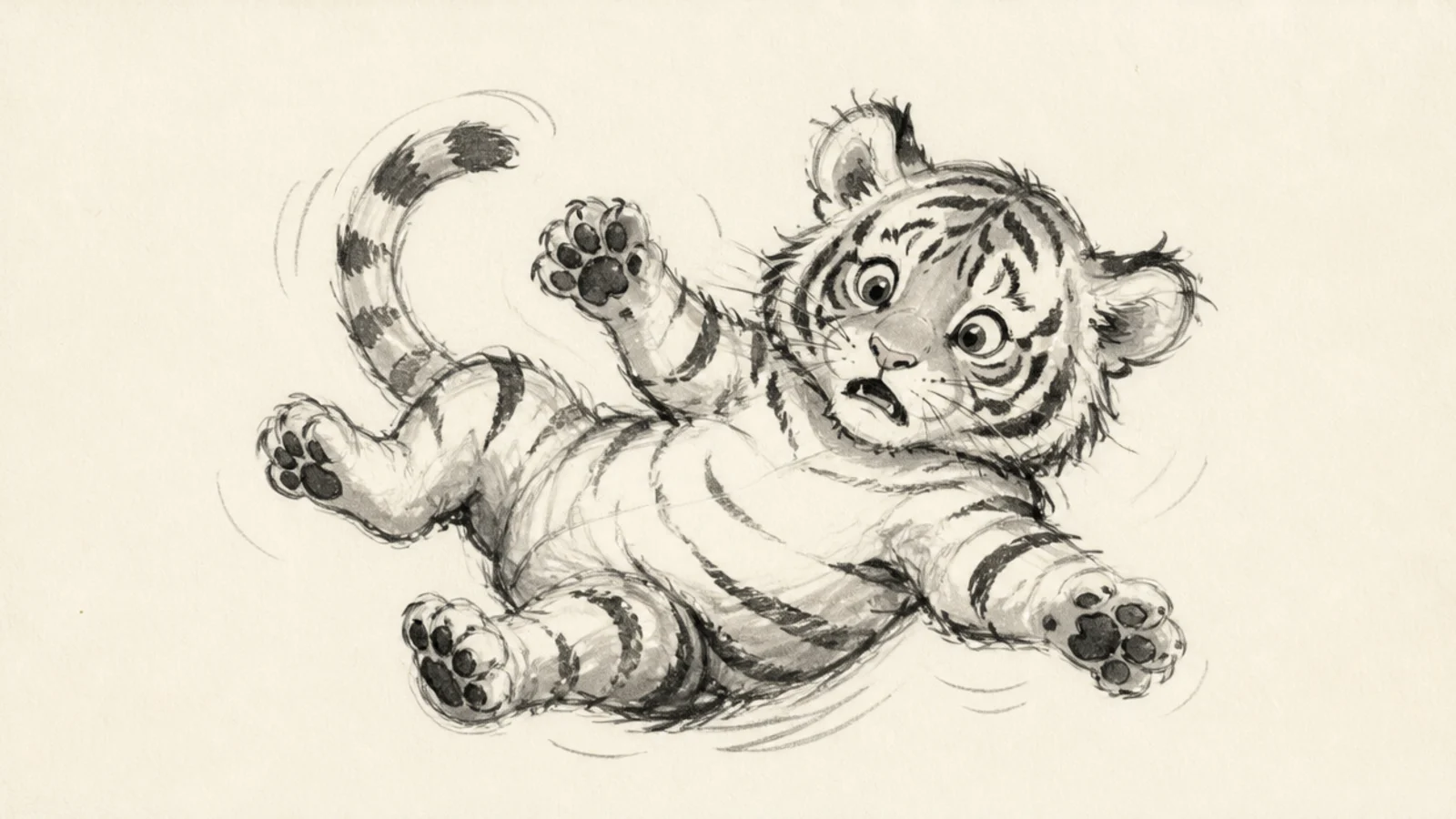 A quick sketch of a tiger cub tumbling in play